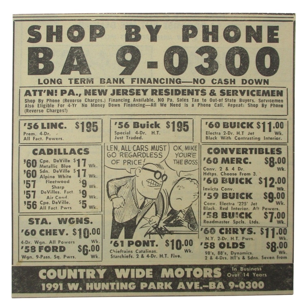 Vintage‎ Country Wide Motors Ad Clipping 1960 Cadillac Chevy Pontiac Ephemera
